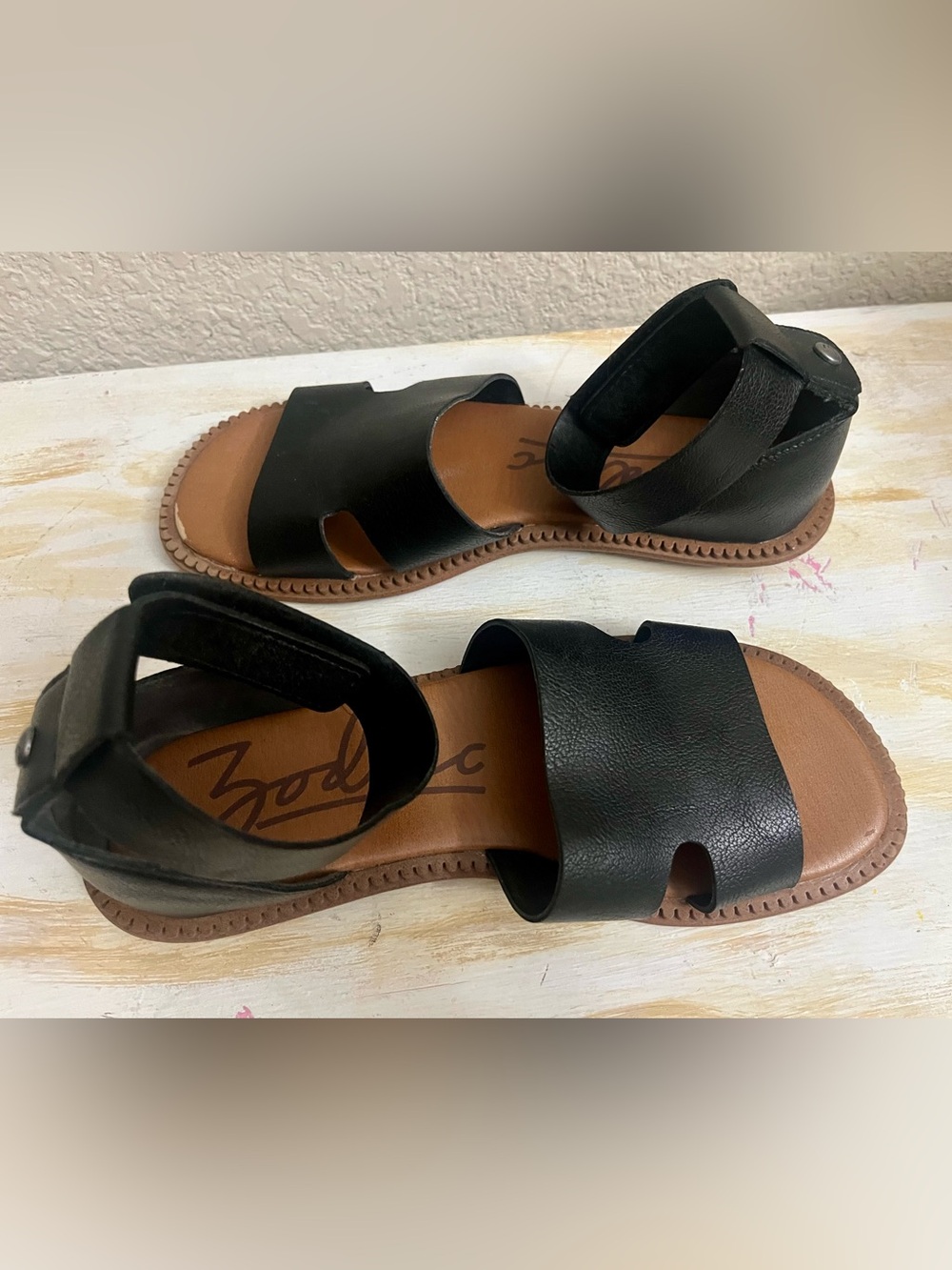Zodiac Black Leather Ankle Strap Sandals